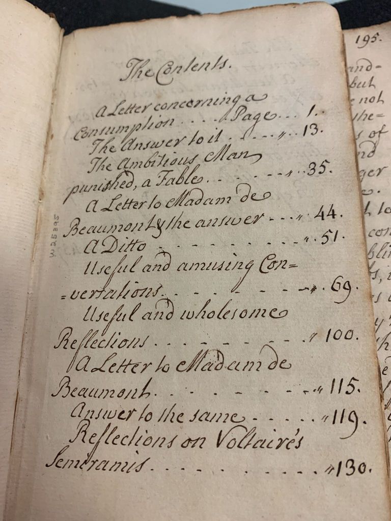 Table of contents in cursive