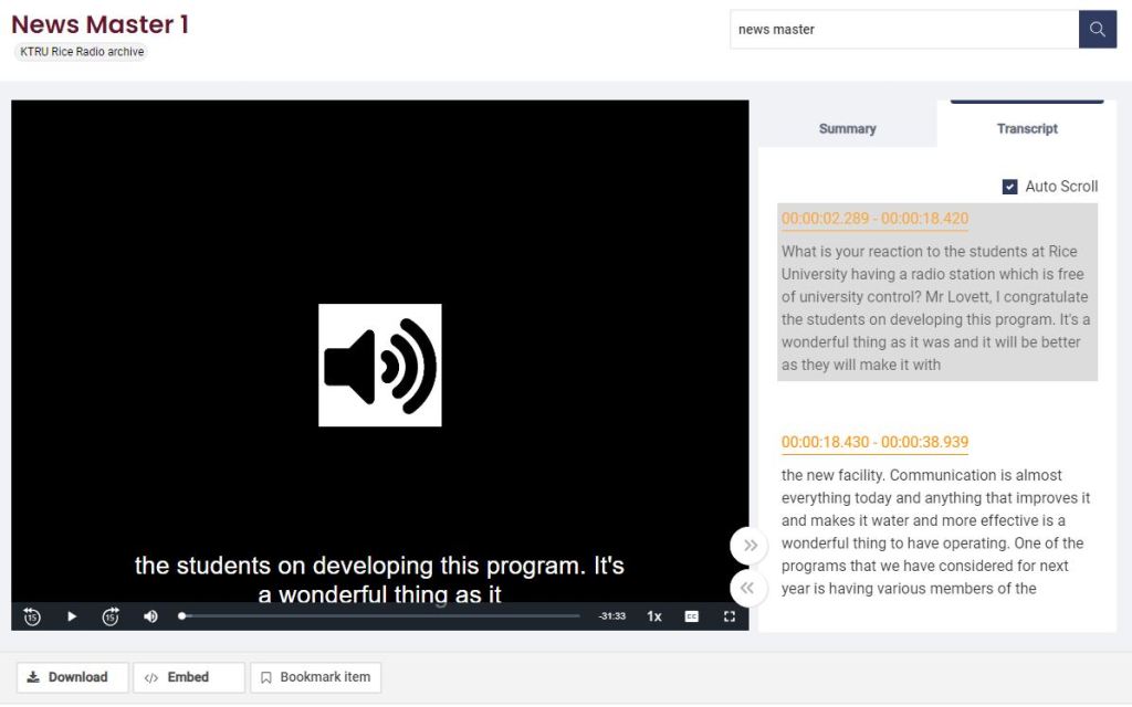 Audio with captions with a scrolling transcript on the side.